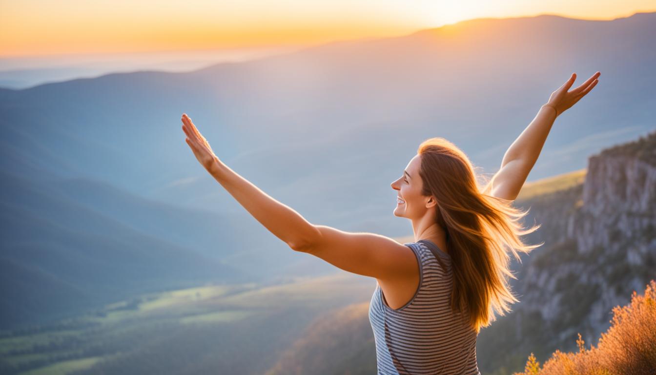 A person standing on a cliff overlooking a beautiful landscape, with their arms raised in gratitude towards the sky. The sun is setting in the background, casting a warm glow over everything. The person's hair is blowing gently in the breeze, and they have a peaceful smile on their face.