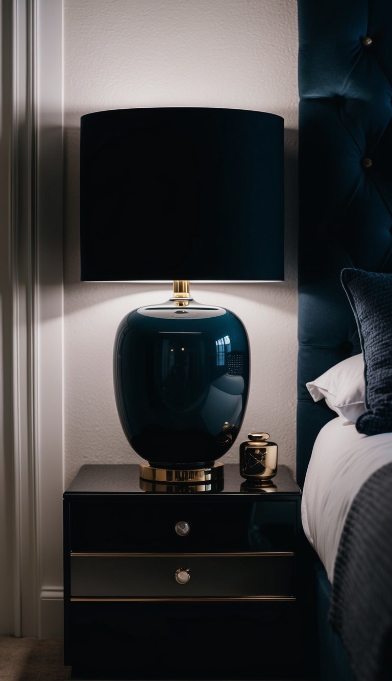 A sleek obsidian bedside lamp illuminates a dark, feminine bedroom