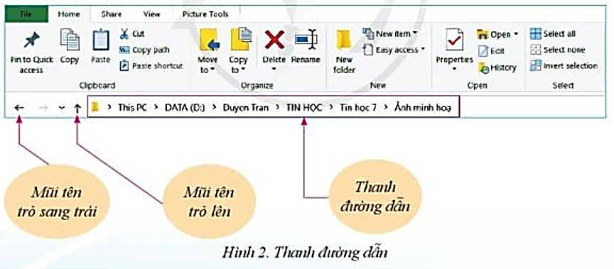 CHỦ ĐỀ A: BÀI 5 - THỰC HÀNH KHÁM PHÁ QUÁ TRÌNH QUẢN LÍ HỆ THỐNG TỆP3. Thực hànhCâu 1: Tìm hiểu Quick access:1. Hiển thị nội dung Quick access:Mở cửa sổ File Explorer.Hoặc nháy chuột vào mục Quick access trong vùng điều hướng của cửa sổ File Explorer đang mở.2. Quan sát và cho biết thanh tiêu đề hiển thị gì?3. Quan sát vùng hiển thị nội dung và cho biết có những gì được hiển thị?4. Rút ra kết luận Quick access để làm gì? Khi nào thì nên dùng nó?Đáp án chuẩn:1. Hiển thị nội dung Quick access:2. Thanh tiêu đề hiển thị tên các tính năng đang hoạt động.3. Phần nội dung hiển thị các tệp, thư mục thường xuyên sử dụng hoặc mở gần đây.4. Quick access giúp tìm dữ liệu nhanh chóng, chỉ nên dùng trên máy tính cá nhân.Câu 2: Khám phá vùng điều hướng:1. Nháy chuột vào mục nào đó trong vùng điều hướng, quan sát thanh tiêu đề, vùng hiển thị nội dung và cho biết tác dụng của thao tác.2. Trỏ chuột vào một mục nào đó trong vùng điều hướng, nếu có dấu trỏ xuống hay dấu trỏ sang phải cạnh tên mục, hãy nháy chuột vào dấu này và cho biết tác dụng của thao tác.Đáp án chuẩn:1. Tác dụng của thao tác này là mở ra tệp hoặc thư mục vừa chọn.2. Tác dụng của thao tác này là: Nếu nhấn vào dấu trỏ xuống là thu gọn menu. Nếu nhấn vào dấu trỏ bên phải cạnh tên thư mục là mở ra menu các tệp, thư mục.Câu 3: Xem nội dung một thư mục cụ thể:1. Nháy đúp chuột vào biểu tượng một thư mục.2. Quan sát vùng hiển thị nội dung một thư mục và cho biết:Tệp nào mới được sửa đổi gần nhất? Tệp nào kích thước lớn nhất?Có bao nhiêu tệp văn bản Word?Đáp án chuẩn:1. Sẽ hiện ra các thư mục con và tệp.2. Các em tự quan sát và Đáp án chuẩn.Câu 4: Khám phá cách hiển thị nội dung thư mục bằng cách lựa chọn ở trên dải lệnh View.1. Trỏ chuột vào mỗi lệnh trong nhóm lệnh Layout và cho biết kết quả.2. Nháy chuột chọn (hoặc bỏ chọn) File name Extensions trong nhóm lệnh Show/hide và cho biết kết quả.3. Trong nhóm lệnh Current view nháy chuột chọn Sort by và cho biết tên những mục đang được đánh dấu trong danh sách thả xuống.4. Nháy chuột để thay đổi dánh dấu sang mục khác, quan sát vùng hiển thị nội dung và cho biết sự thay đổi.Đáp án chuẩn:1. Kết quả:- Extra large icons: Chế độ xem cực lớn.- Small icons: Chế độ xem nhỏ.- Tiles: Hiển thị tên file, thư mục.- Large icons: Chế độ xem lớn.- List: Hiển thị file dạng danh sách.- Content: Hiển thị file chi tiết.- Medium icons: Chế độ xem bình thường.- Details: Hiển thị file dạng danh sách chi tiết.2. Ẩn/hiện đuôi tệp.3. Sort by: Sắp xếp file, thư mục theo các tiêu chí như:- Name: Tên.- Date modified: Ngày sửa đổi.- Type: Thể loại.- Size: Dung lượng.- Date created: Ngày tạo.- Authors: Tác giả.- Categories: Thể loại.- Tags: Thẻ.- Title: Chức vụ.- Ascending: Thứ tự tăng dần.- Descending: Thứ tự giảm dần.- Choose columns: Theo cột.4. Vùng hiển thị nội dung thay đổi theo cách sắp xếp đã chọn.Câu 5: Đuôi tên tệp và phần mềm để mở một số kiểu tệp:Quan sát Đáp án chuẩn các câu hỏi sau đây (mở xem các thư mục khác nếu cần):1. Tệp có đuôi là “pdf”, “rar”, “zip” có thể mở bằng phần mềm ứng dụng nào?2. Em nhận được cảnh báo gì khi thay đổi một đuôi tên tệp?Đáp án chuẩn:1. 2. Em nhận được cảnh báo gì khi thay đổi một đuôi tên tệp?Câu 6: Khám phá thanh đường dẫn:Thao tác và Đáp án chuẩn các câu hỏi sau đây (Hình 2):1. Nháy chuột vào mũi tên trỏ lên ở bên trái thanh đường dẫn, có thay đổi gì trong thanh đường dẫn và trong vùng hiển thị nội dung?2. Nháy chuột vào mũi tên trỏ sang trái, điều gì xảy ra?3. Nháy chuột vào một tên thư mực trong thanh đường dẫn, điều gì xảy ra?Đáp án chuẩn:1. Thanh đường dẫn hiện tên thư mục trước đó, vùng nội dung hiện nội dung thư mục đó.2. Giống như nhấn vào mũi tên trỏ lên.3. Thư mục được mở, thanh đường dẫn hiện tên thư mục trước đó, vùng nội dung hiện nội dung thư mục đó.VẬN DỤNG