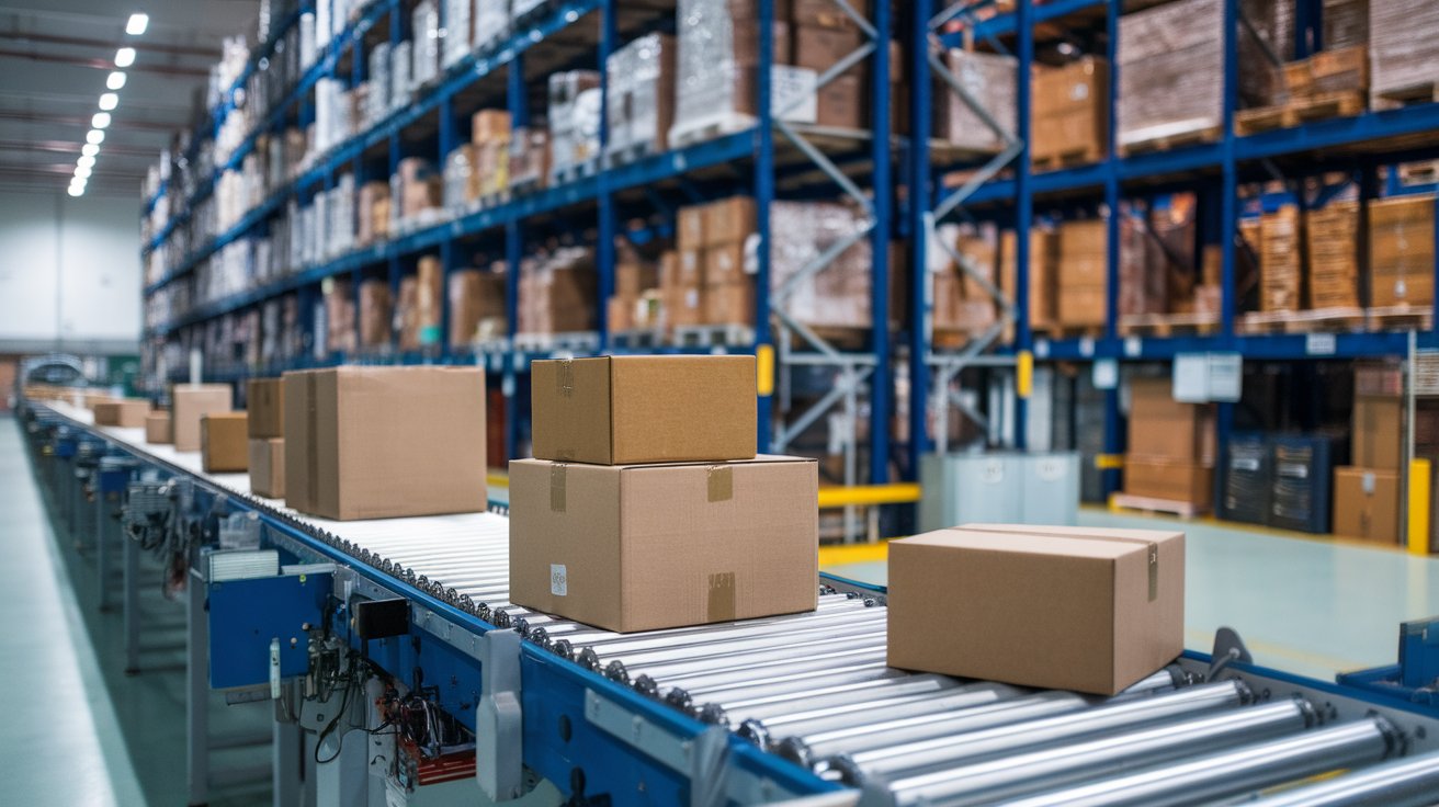 An organized warehouse with a conveyor belt transporting cardboard boxes through a processing area. Shelves stacked with inventory line the background, highlighting an efficient and streamlined logistics system focused on precision and productivity.