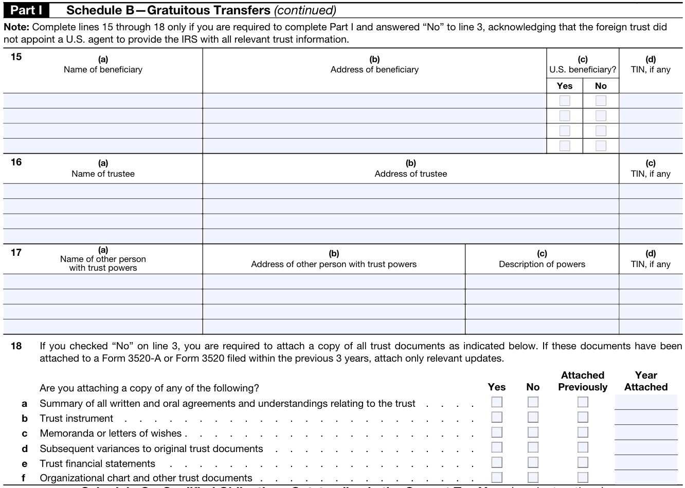 Screenshot of the bottom half of Schedule B: Gratuitous Transfers section under Part I of Form 3520.