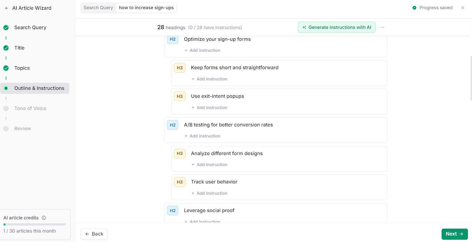 Frase outline builder example