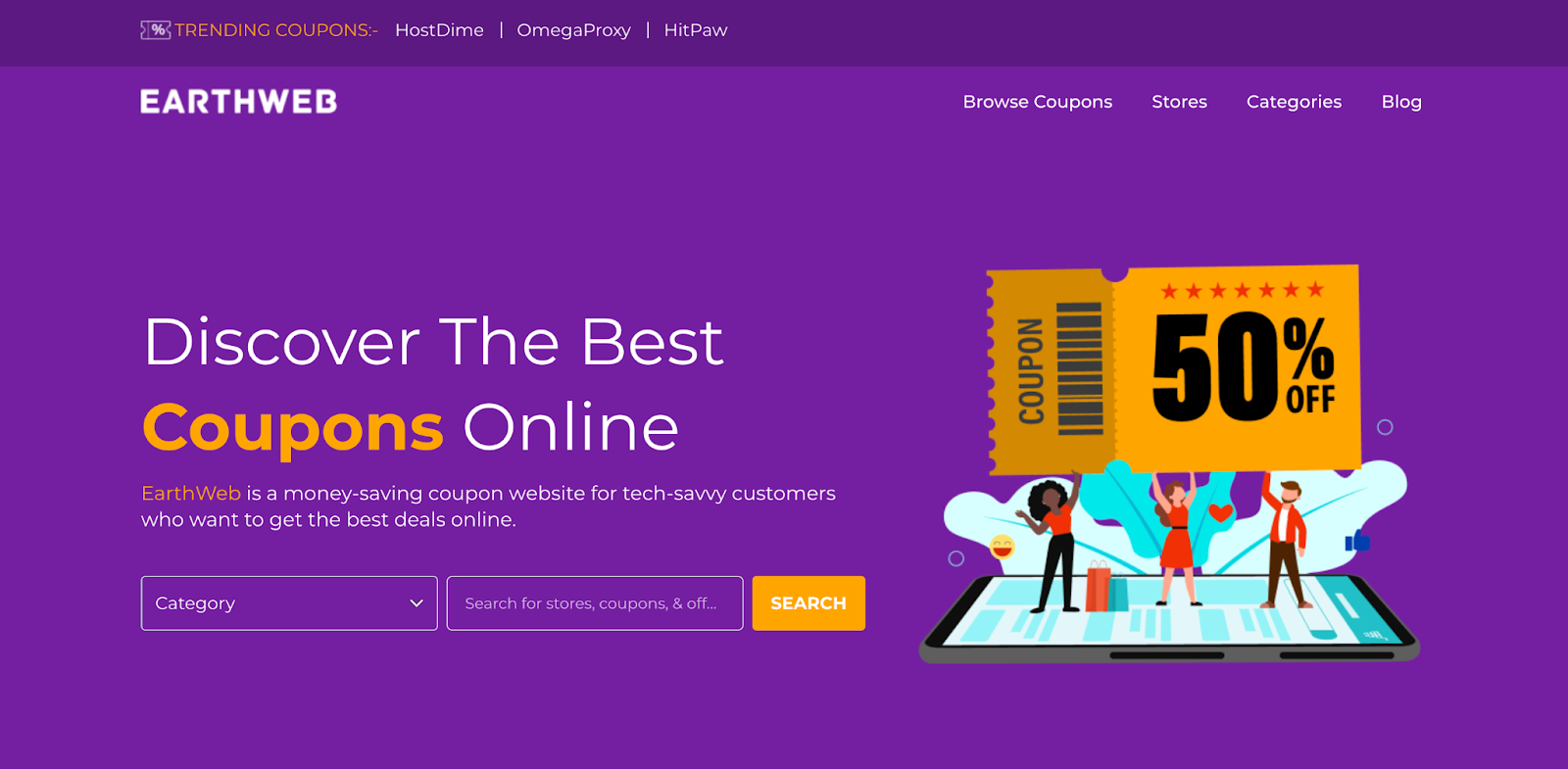 A purple homepage for "EarthWeb" promoting the best online coupons. Large text reads "Discover The Best Coupons Online" with a 50% off coupon illustration. Search bar below with category filter and search button.