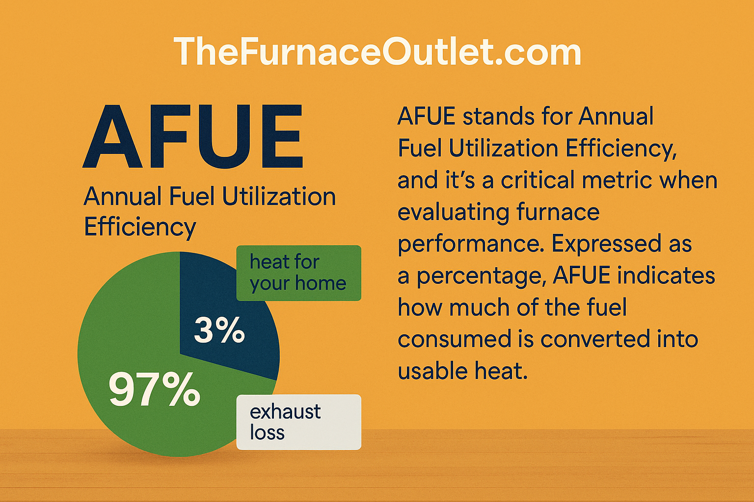 A digital graphic design image explains AFUE, an annual furnace efficiency metric, with a 97% heat and 3% exhaust loss pie chart on a warm orange background, branded with “TheFurnaceOutlet.com