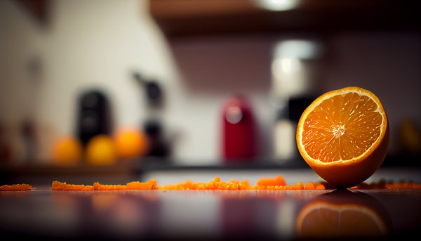 A halved orange resting on a counter with scattered zest in a softly lit kitchen