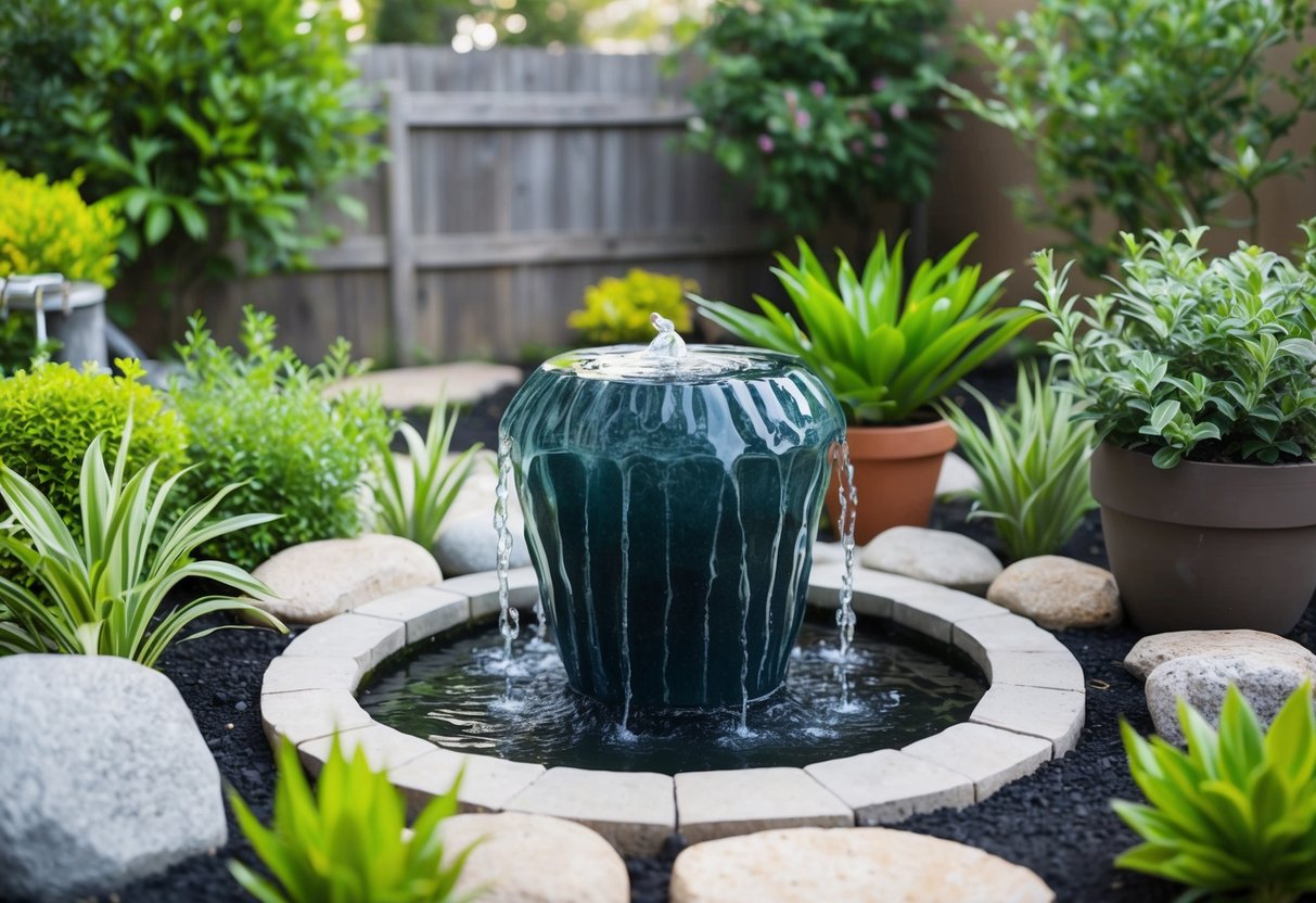 A small backyard with a budget water feature surrounded by lush greenery and decorative elements like stones and potted plants