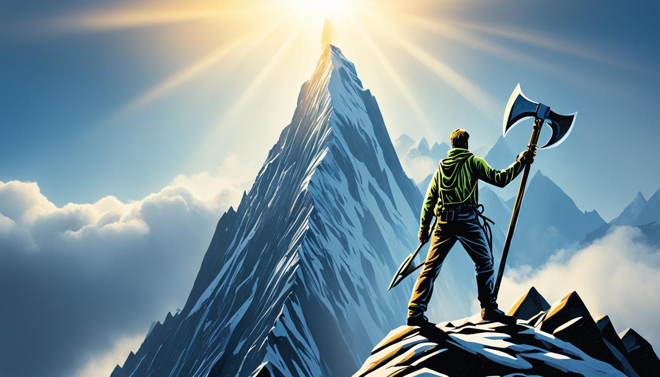 A figure standing at the base of a mountain, looking up towards the peak with determination in their eyes despite the many obstacles and doubts in their path. The sky overhead is cloudy, symbolizing the difficulties ahead, but a ray of sunshine breaks through to offer hope. The figure is holding a pickaxe or other tool, ready to climb and conquer the challenges ahead.