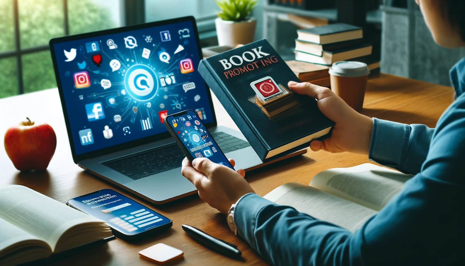 A person holding a book titled "BOOK PROMOTING" while using a smartphone, with a laptop displaying social media icons in the background. The desk has books, a coffee cup, and an apple.