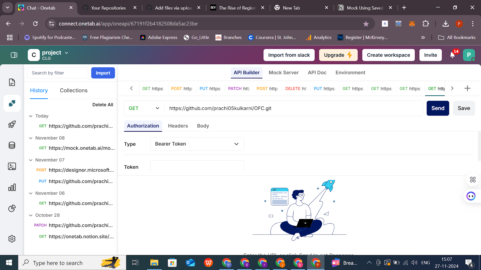 Interface of an API testing tool with a user's request history on the left. The main section shows a GET request setup to a GitHub URL with Bearer Token authorization. A small illustration of a person with a laptop and a paper airplane is visible.