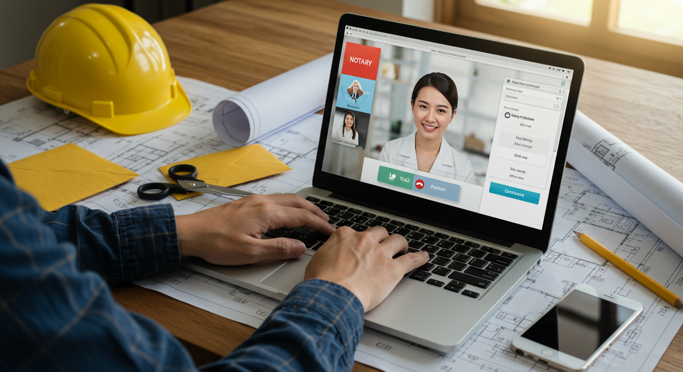 Contractor filing a pre-lien notice online in Texas using a computer with digital notary services.