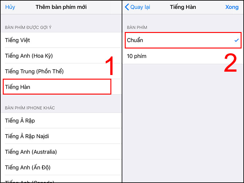 Chọn Tiếng Hàn rồi chỉnh bố cục bàn phím thích hợp