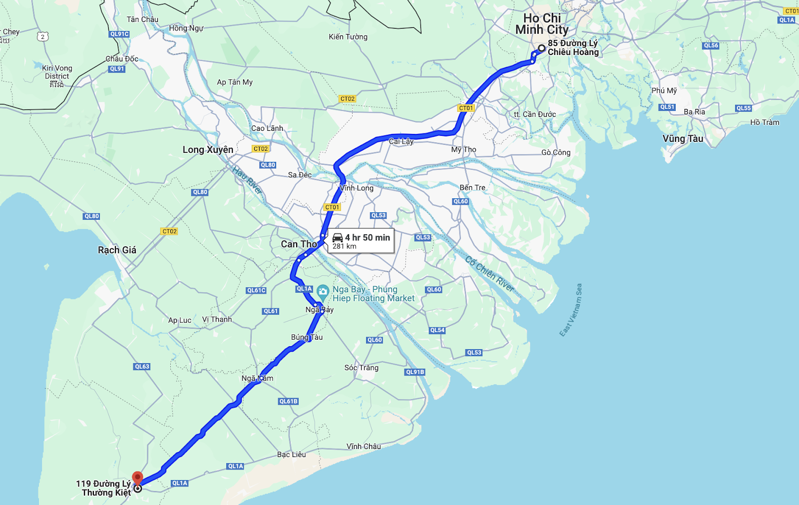 route of tuan hung bus from sai gon to ca mau