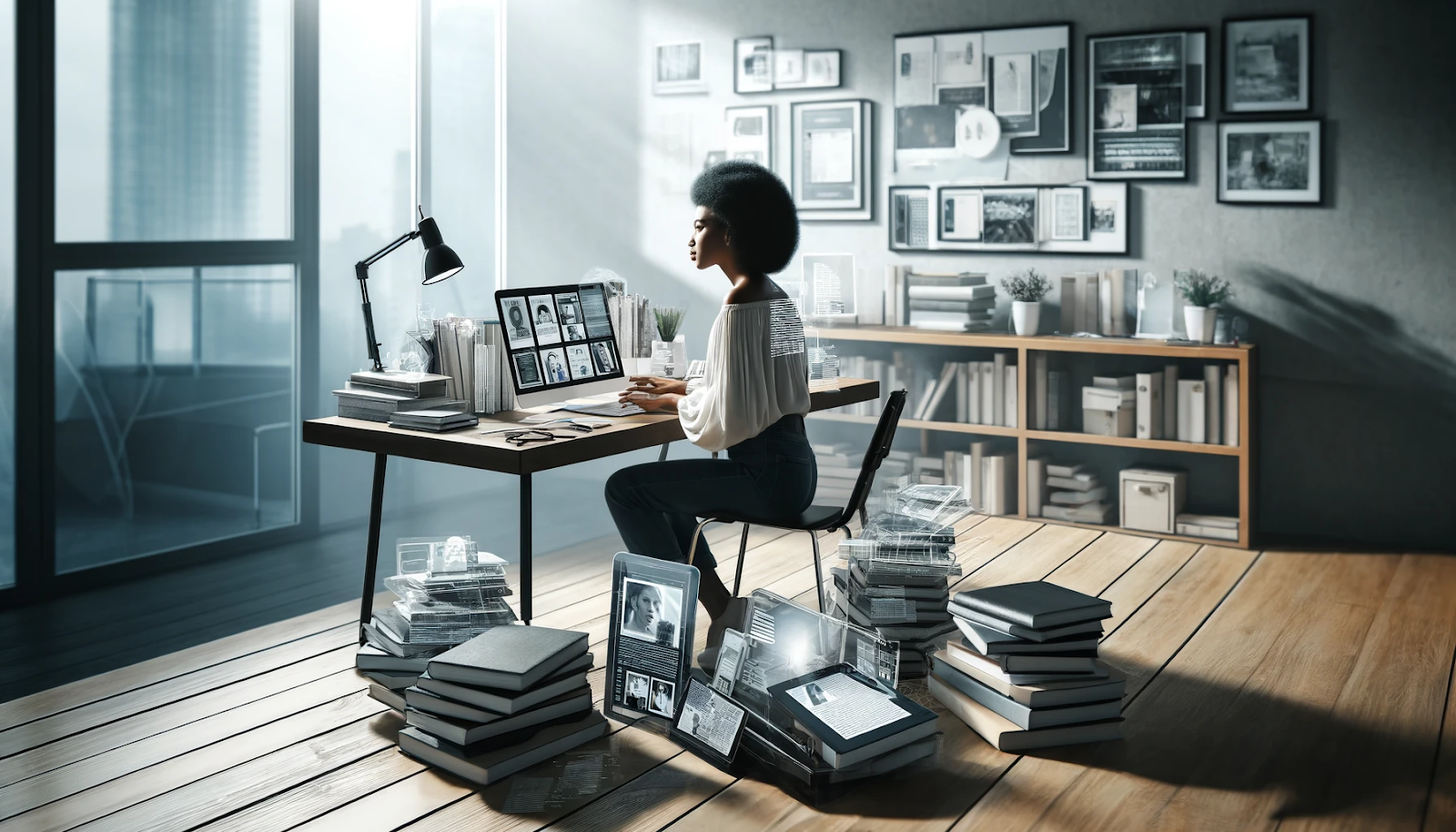 This image features a young woman with an afro hairstyle, sitting at a modern desk in a minimalist office, surrounded by stacks of framed photographs and books. The office is stylishly decorated with a monochromatic color scheme, showcasing a wall full of framed pictures behind her. The woman appears focused, looking intently at a frame, suggesting she is perhaps evaluating or organizing these photos.