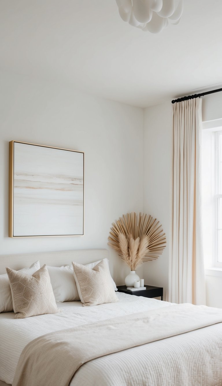 A serene bedroom with a brilliant white wall art, minimalist decor, and soft natural light