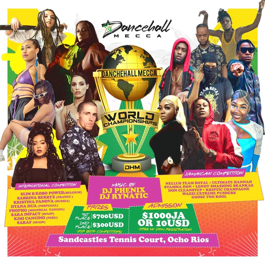 The 8 international participants are on the left and the Jamaican participants are on the right. In the middle is a trophy that says "Dancehall Mecca World Championships". The names of the participants are listed, together with the location and the price money.