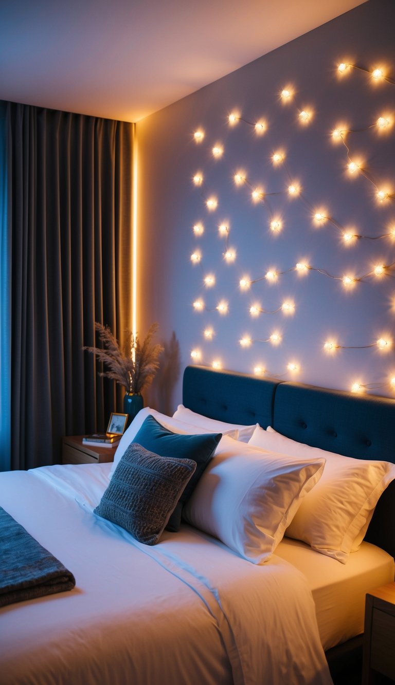 A cozy bedroom with twinkling LED wall decor, casting a warm and inviting glow