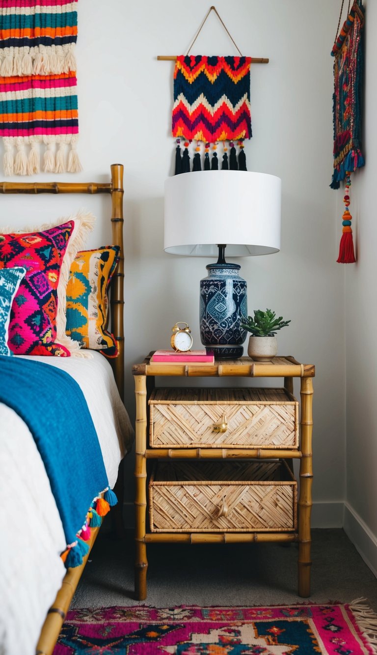 An eclectic boho bedroom with a bamboo bedside table, adorned with unique decor and vibrant colors