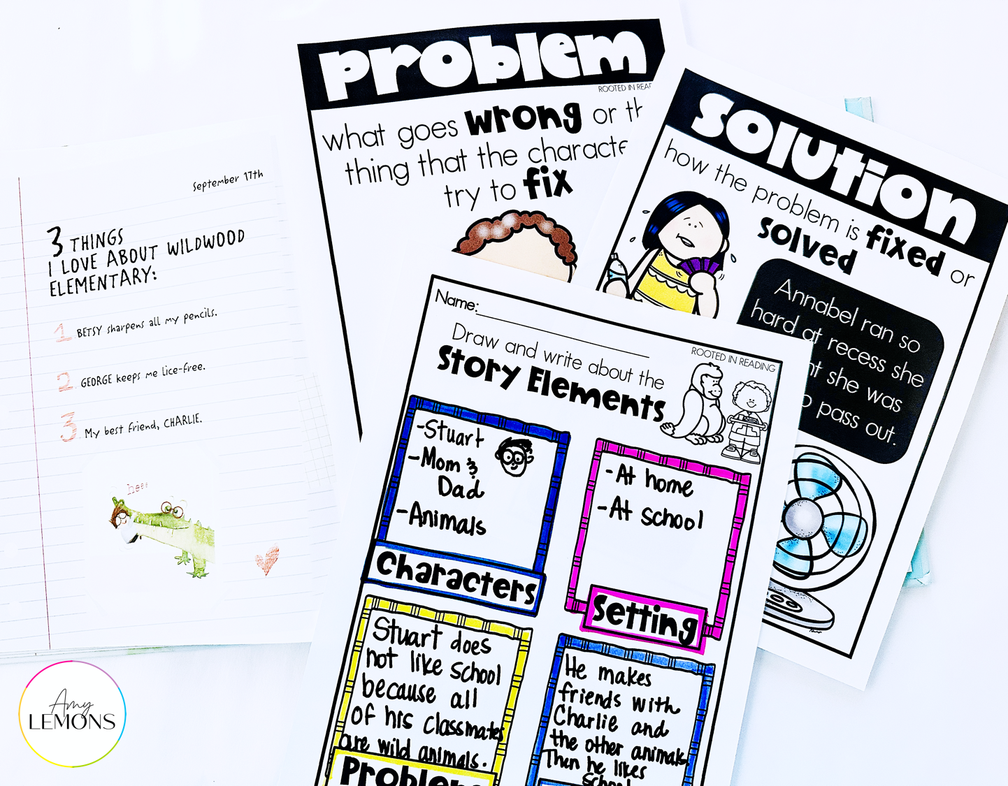 Story elements graphic organizer and problem and solution posters.