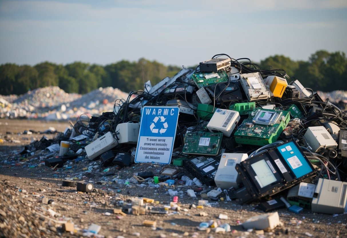 A pile of electronic waste sits in a landfill, with toxic chemicals seeping into the ground. A sign from the EPA warns of the environmental risks