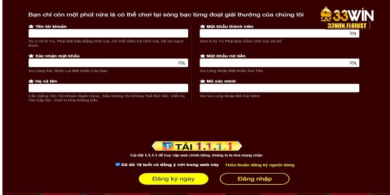 Điền chính xác thông tin trong hộp thoại Đăng ký 33win