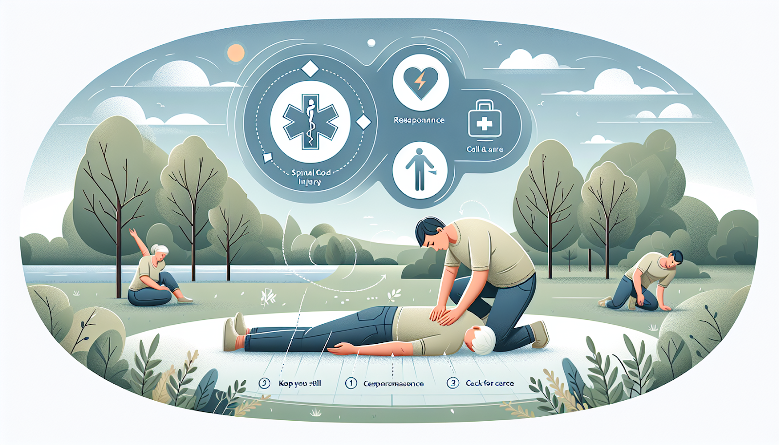 An illustration showing immediate steps to take if a spinal cord injury is suspected.