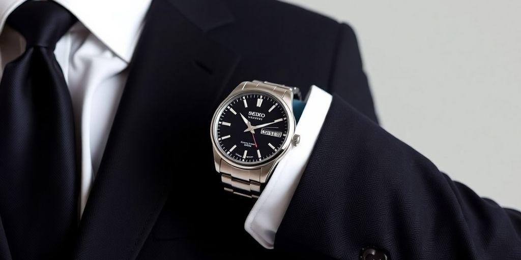 Seiko watch with formal attire on a neutral background.