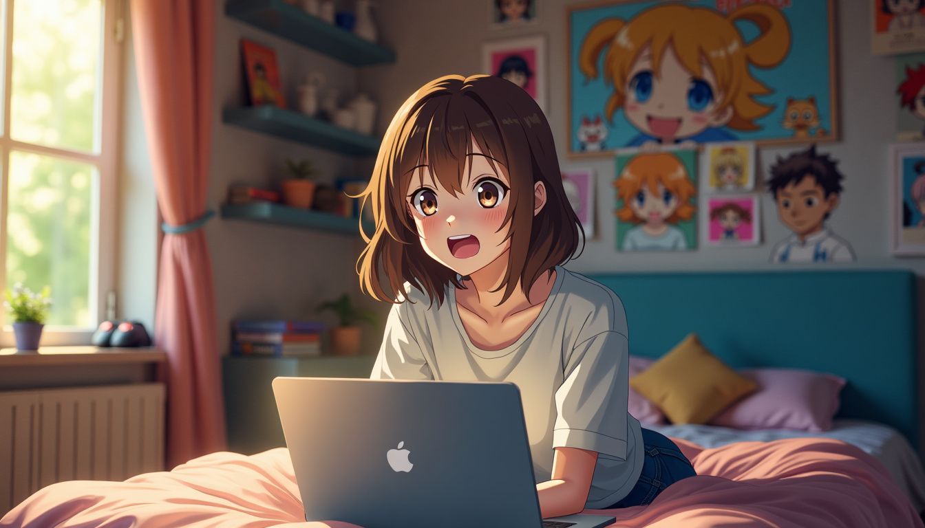 A teenage girl watches anime series in her anime-themed bedroom. A teenage girl watches anime series in her anime-themed bedroom.