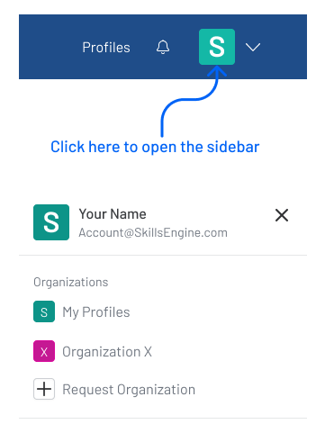 Screenshot of the top right corner of a SkillsEngine page with a blue arrow pointing to the user account icon and with the account sidebar open beneath it.