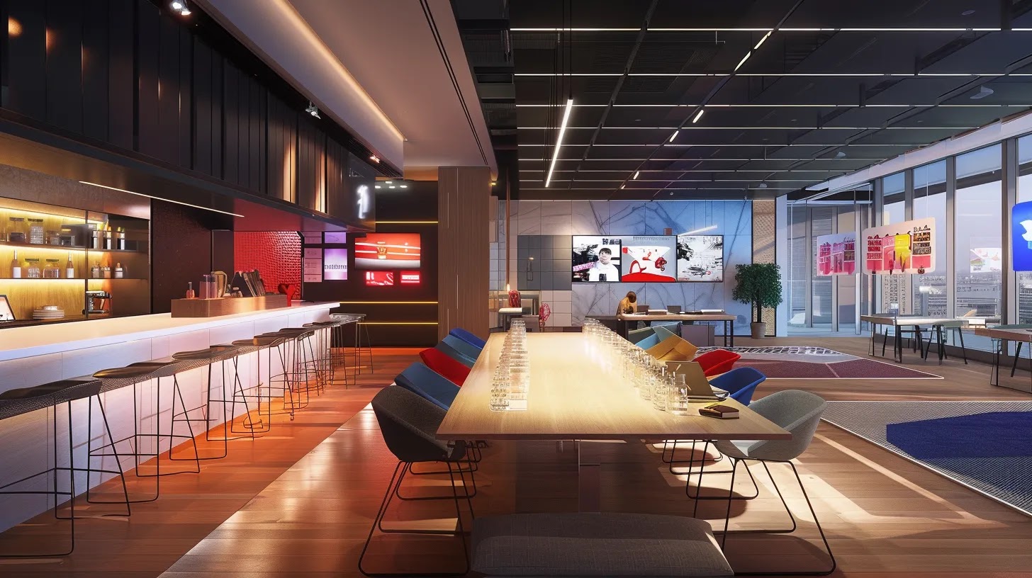 a modern office workspace showcases a diverse team collaborating around a sleek table, surrounded by vibrant branding materials and digital screens displaying engaging messaging strategies that highlight a confident and unified brand identity.