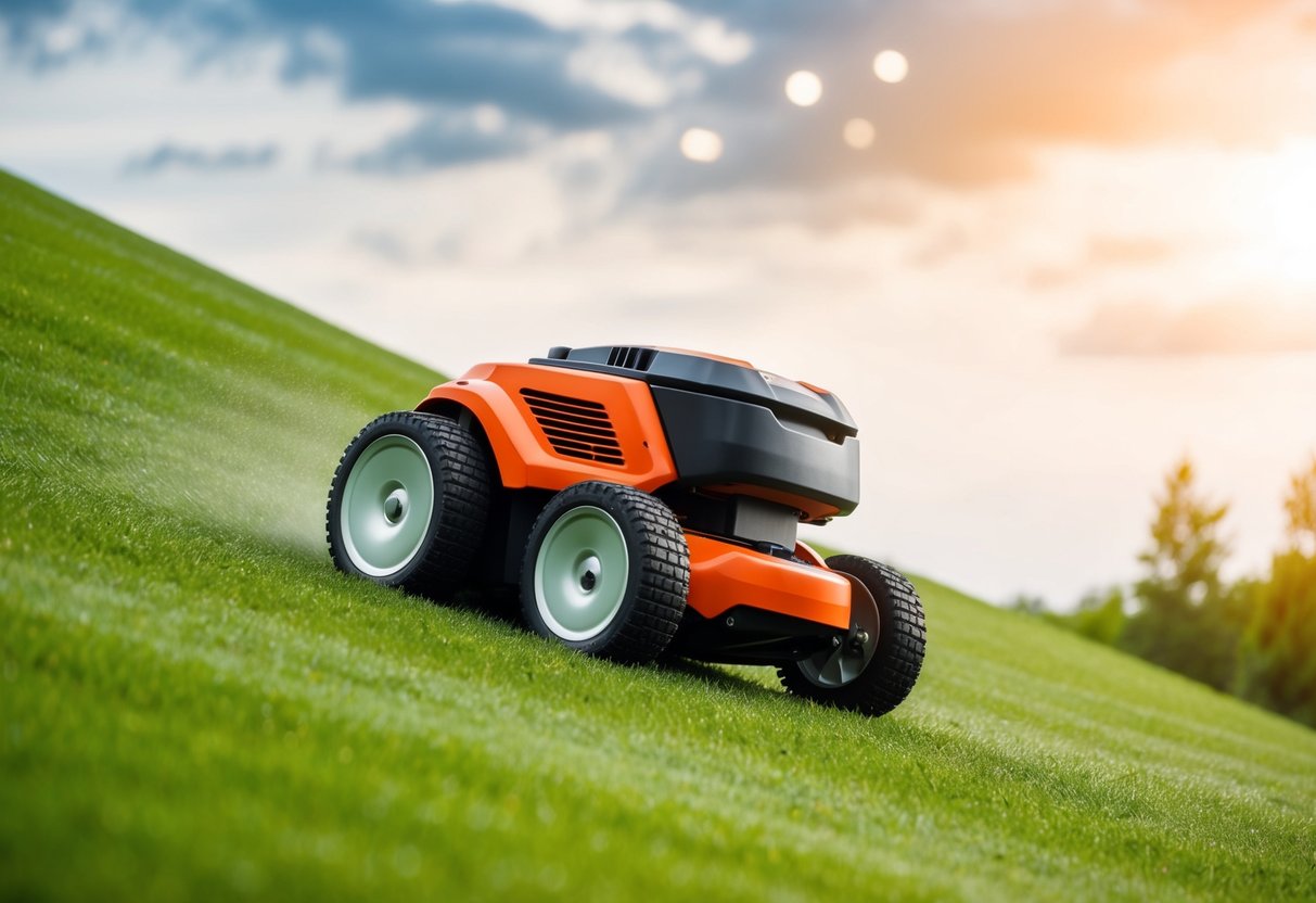 A robotic lawn mower navigating a steep slope with precision and stability