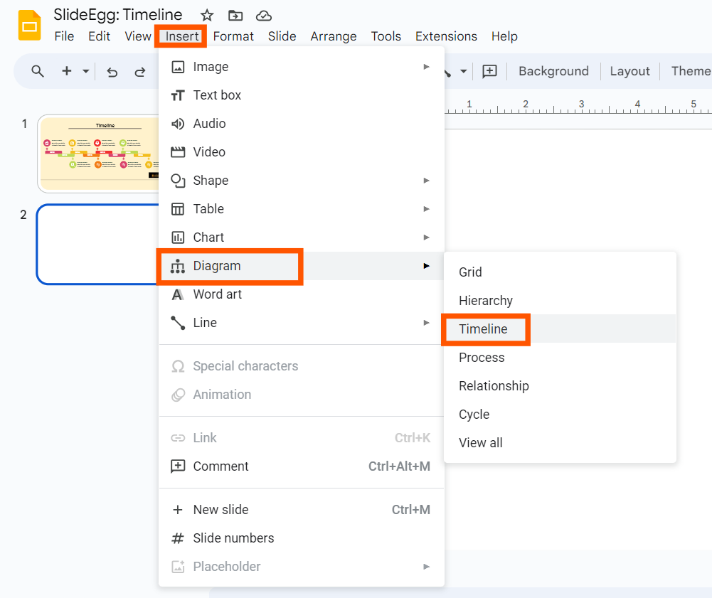 Insert > Diagram > Timeline Option in Google Slides interface.