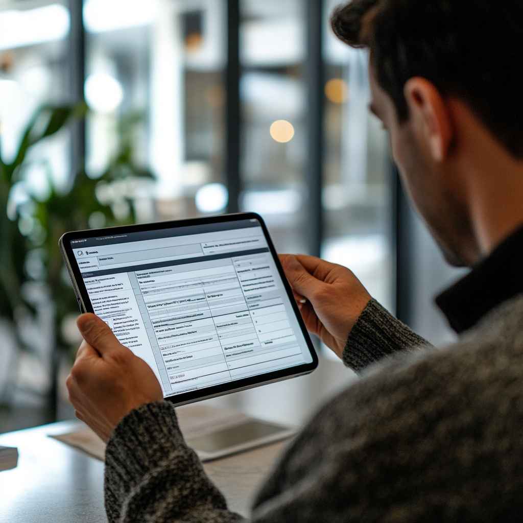 Recruiter using a tablet with a structured interview checklist to ensure fair hiring practices.