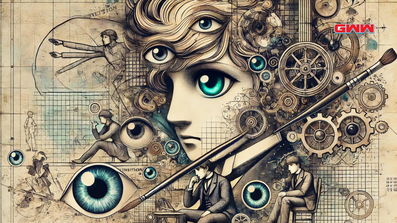 Artistic portrayal of an anime character surrounded by mechanical and creative elements.