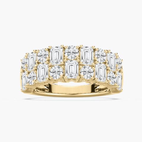 Emerald lab-grown diamond yellow gold engagement ring.