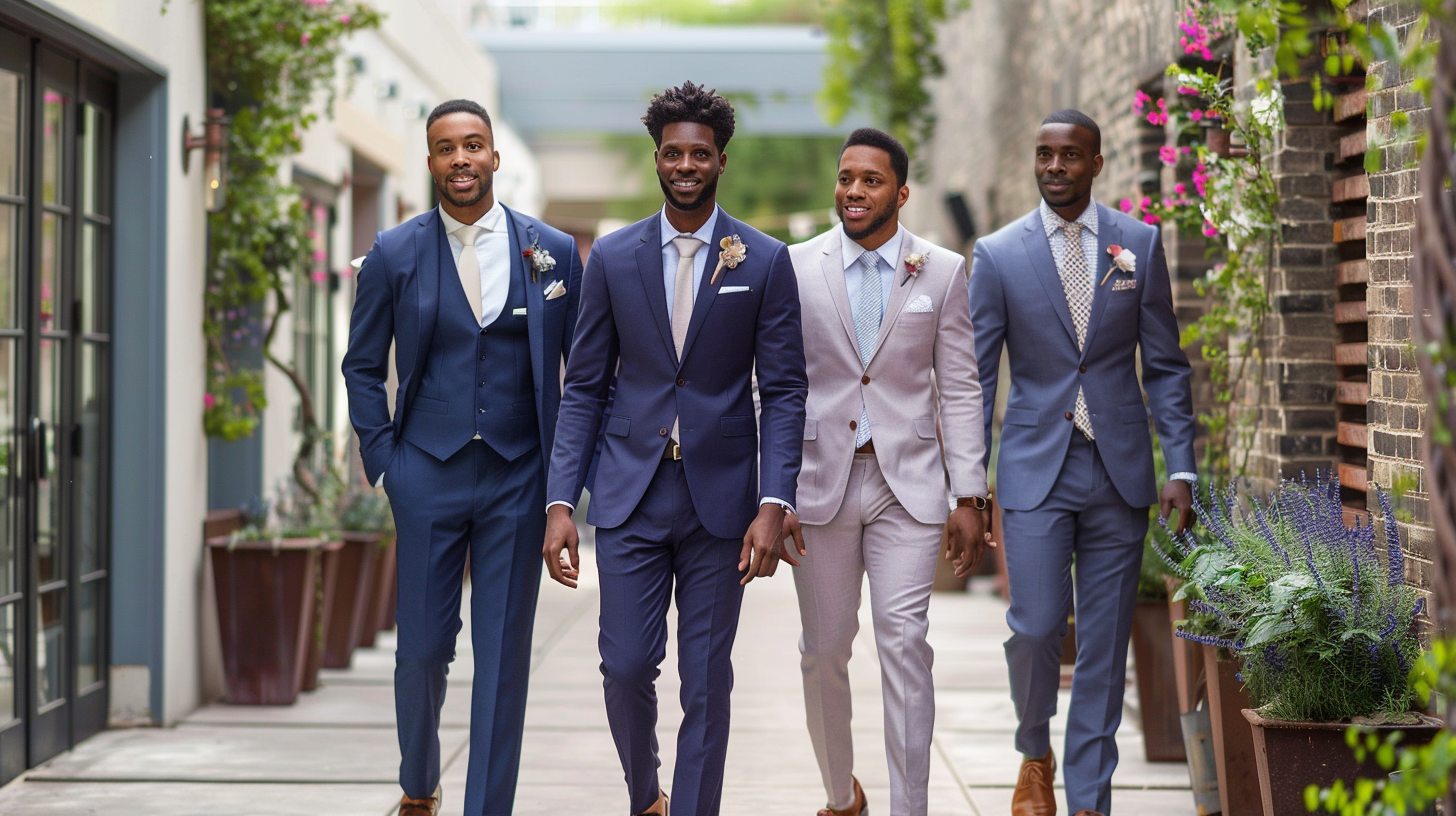 A group of stylish men wearing different modern wedding suits: slim-fit navy suit, pastel-colored three-piece suit, light linen suit, and tailored tuxedo. Settings include outdoor garden, modern rooftop venue, and elegant indoor hall. Each suit is paired with sharp shoes and minimal accessories. Clean lines, fresh colors, confident poses.