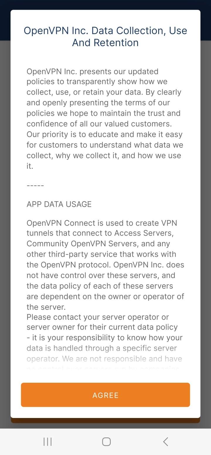 OpenVPN Connect's Data Collection, Use and Retention notice.