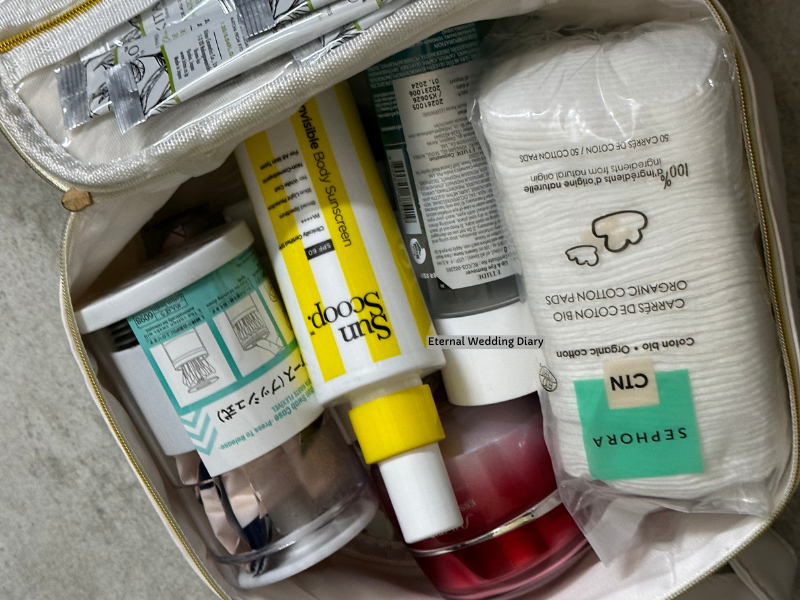 Washable storage bag full skincare essentials for destination wedding