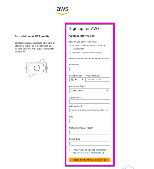 Contact information to create AWS Account