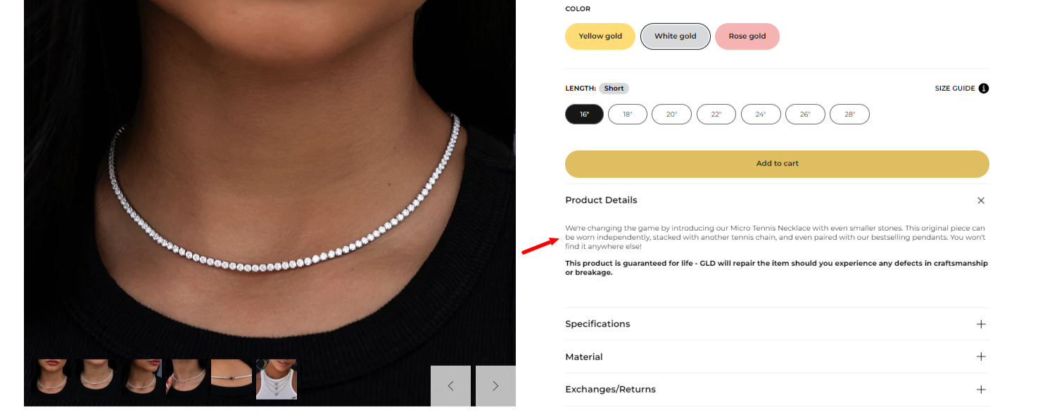 Image of GLD's necklace page with product details highlight.