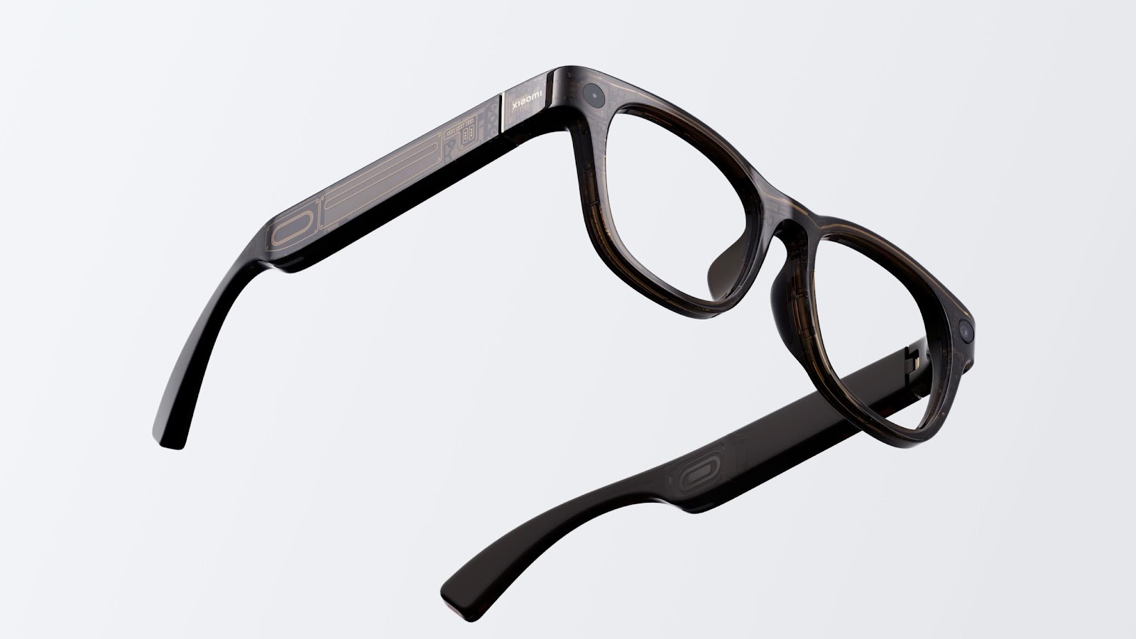 Black-framed glasses, with transparent lenses, featuring a modern design that may include technological elements.