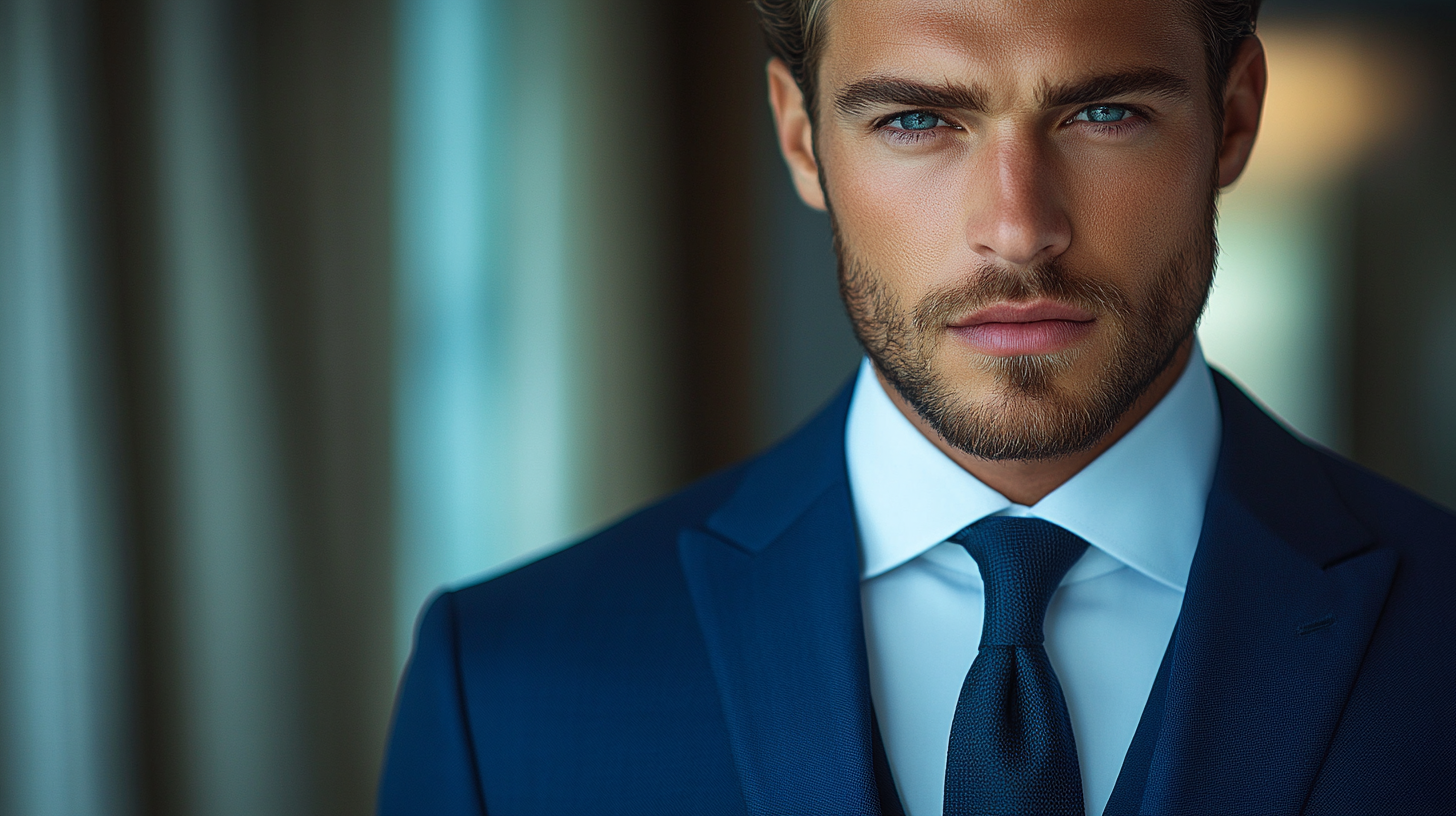 A man with fair skin wearing a deep navy blue suit, tailored perfectly with a white dress shirt and a dark tie. The suit creates a sharp contrast against the light complexion, highlighting the cool undertones of the skin. The look is polished and sophisticated, ideal for a formal occasion like a wedding or gala. The background is soft, with subtle lighting that draws attention to the richness of the suit and the clean lines of the outfit