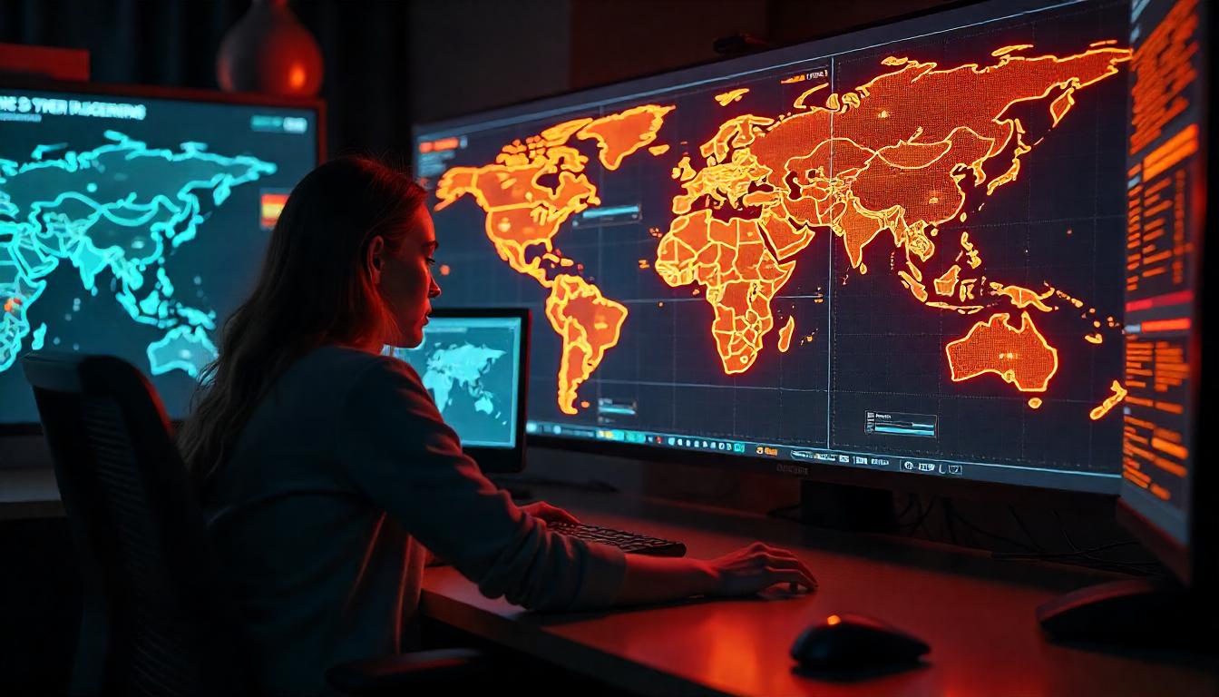 The individual intently monitoring the global threat visualization exemplifies the "importance of 24/7 security monitoring" within the Security Operations Center (SOC), where cybersecurity professionals maintain comprehensive situational awareness to rapidly detect, analyze, and respond to evolving security risks across an organization's worldwide digital footprint.