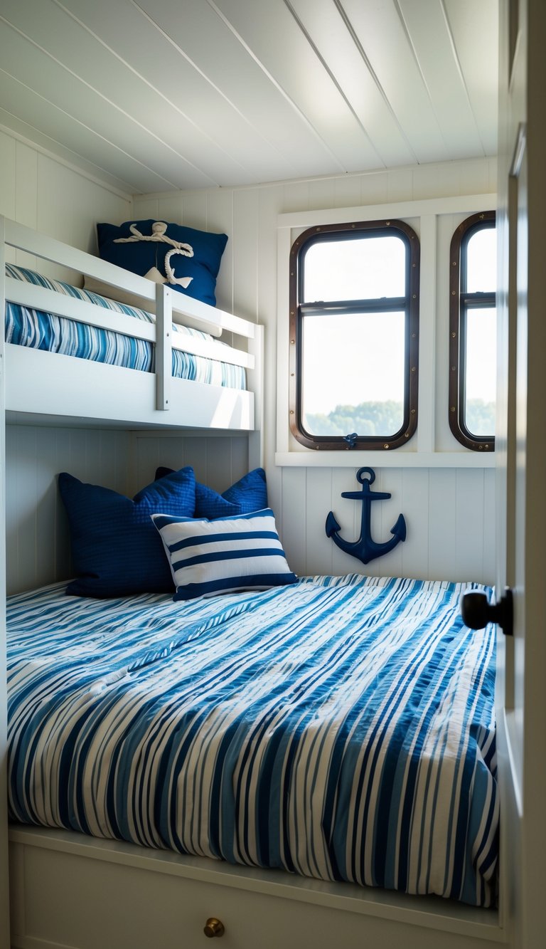 A cozy nautical-themed bunk room with blue and white striped bedding, porthole-inspired windows, and ship-themed decor