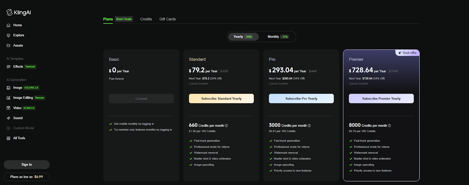 Subscription plan page for Kling AI displaying various tiers with premium pricing.