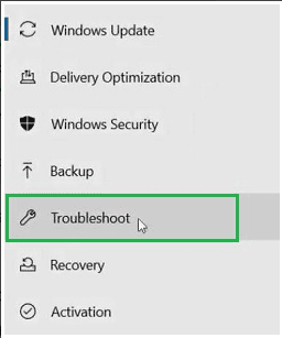 locate Troubleshoot in the left-hand side panel