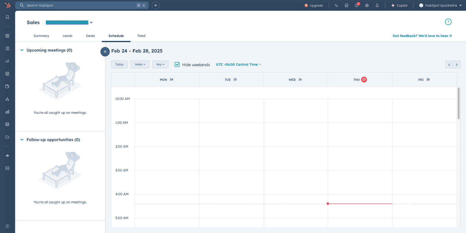 Image of the schedule tab in HubSpot Sales Workspace, showing meeting scheduling and tracking tools.