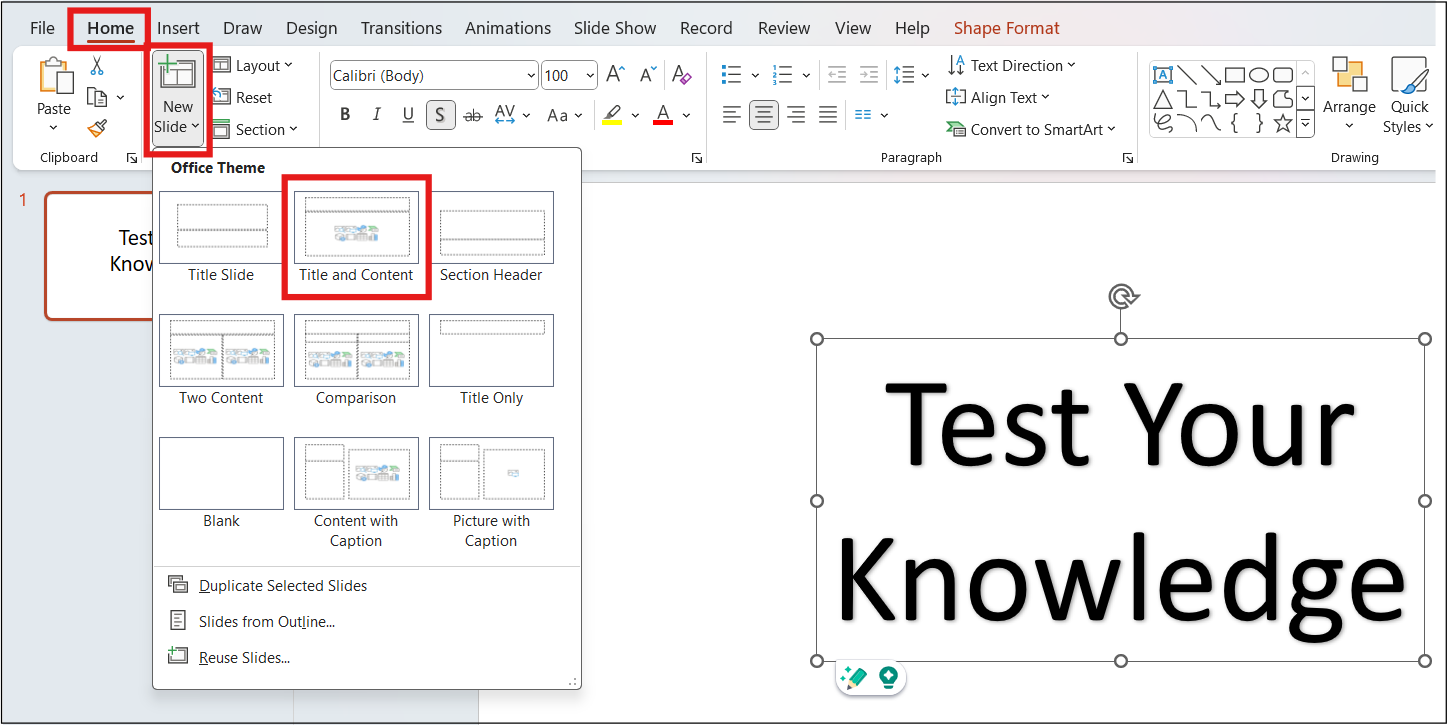 Home > New Slide > Title and Content layouts are highlighted in PowerPoint interface.