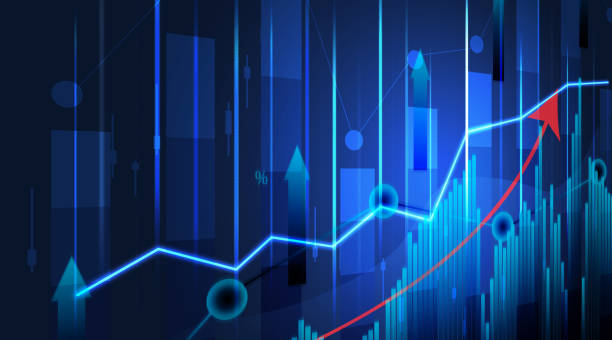 Financial chart with growing indicators, growth dynamics in business. High margin. Financial chart with growing indicators, growth dynamics in business. High margin. Blue background stock chart stock pictures, royalty-free photos & images