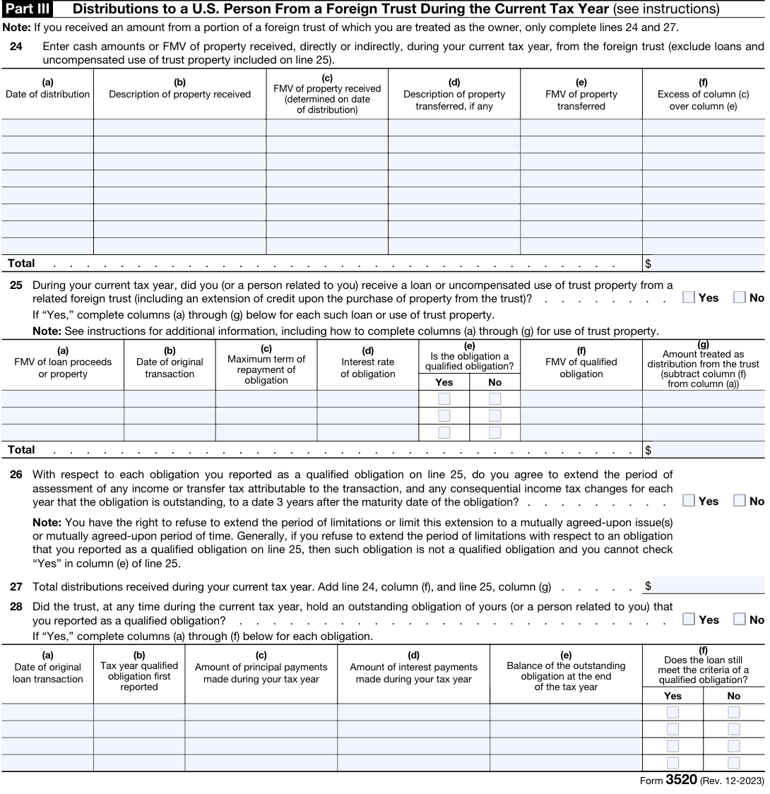 Screenshot of the upper half of Part III: Distributions to a US Person From a Foreign Trust During the Current Tax Year on Form 3520.