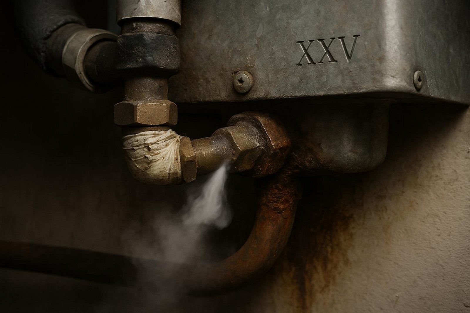 Țeavă de gaz cu scurgere vizibilă și coroziune, ilustrând consecințele neglijării benzii de teflon în sistem HVAC.